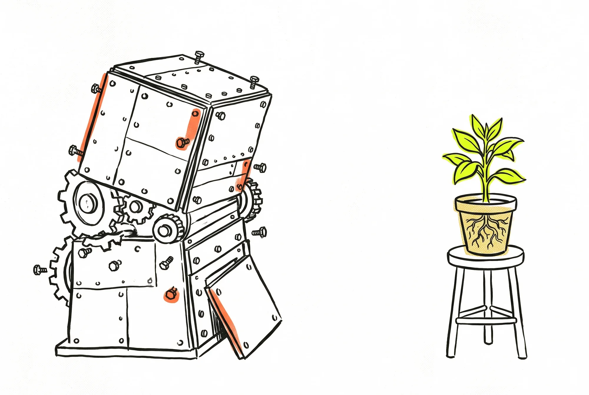 A large broken machine tipped over and shedding bolts and gears, beside a plant thriving in a pot.