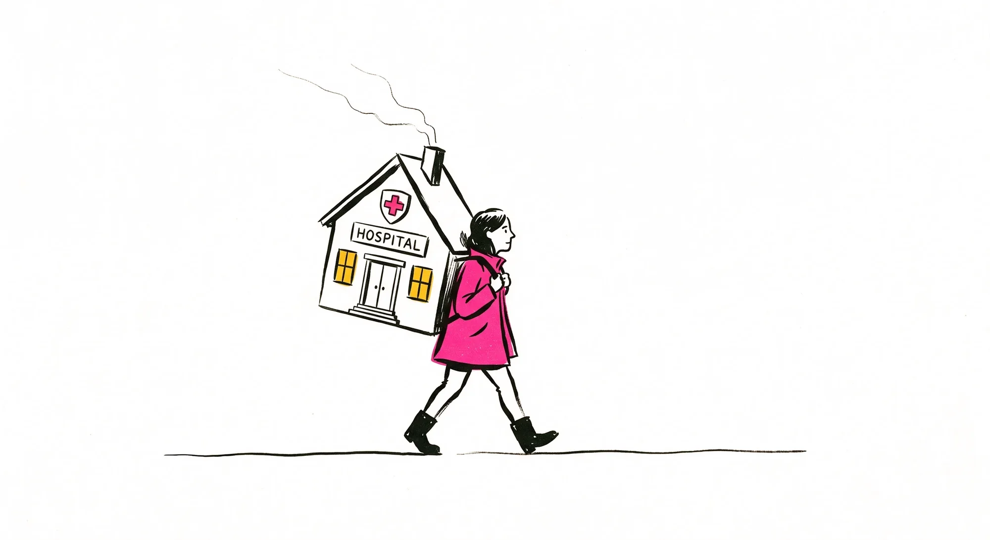 A person walks steadily along carrying an entire small house on their back, smoke rising from its chimney.
