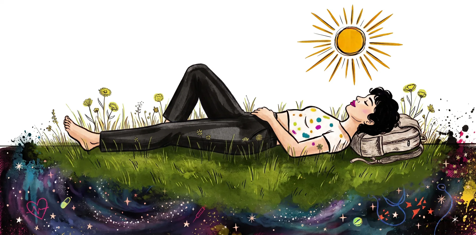 A woman lies back in long grass beneath a bright sun, and beneath the grass a deep starry cosmos holds a floating stethoscope, pills, a syringe and a heart tracing.