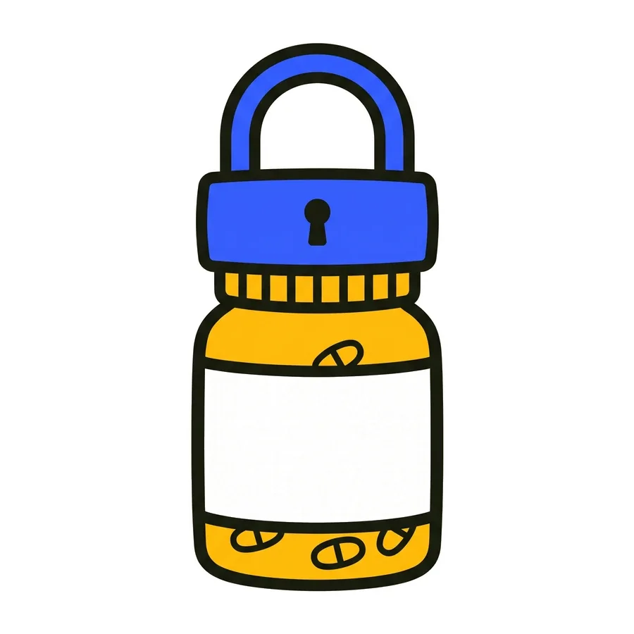 A medicine bottle whose cap is a closed padlock.