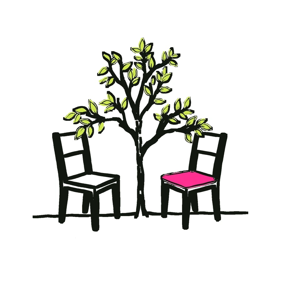 Two plain wooden chairs side by side under a young tree, one with a magenta cushion.