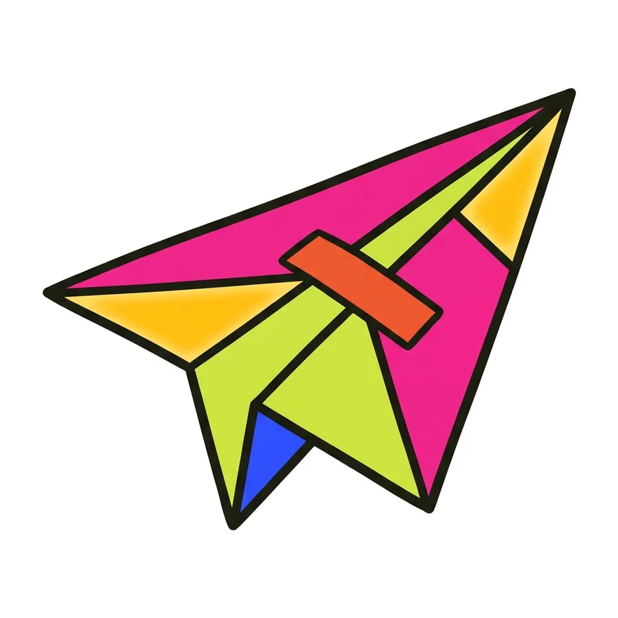 A paper airplane folded from magenta, gold, chartreuse and blue paper, one wing mended with a strip of tape.