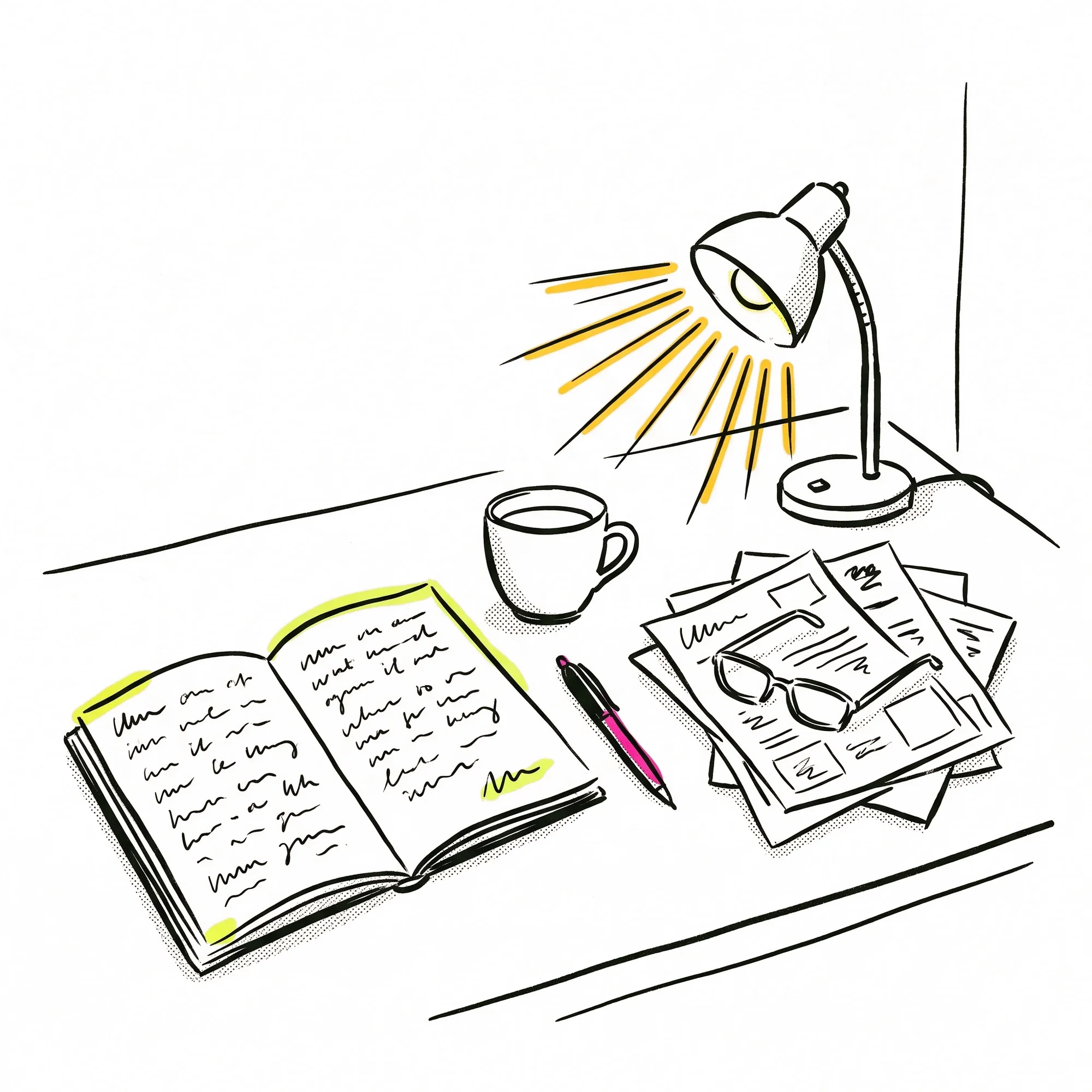 An open handwritten journal, a pen, a cup and reading glasses under a lit desk lamp.