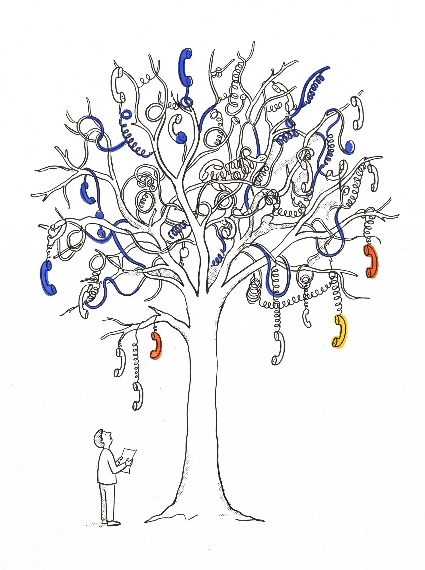 A bare tree hung with dozens of tangled telephone handsets, one small person below looking up at it with a sheet of paper.