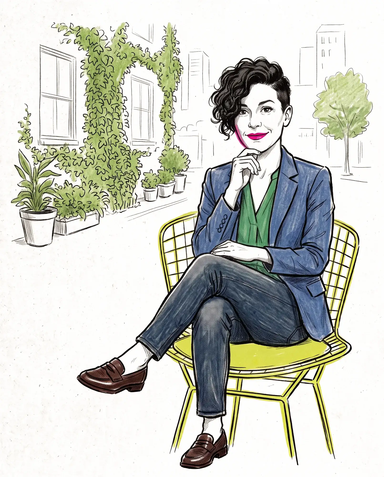 Michelle Bernabe seated in a chair, one hand at her chin, plants and a window behind her.