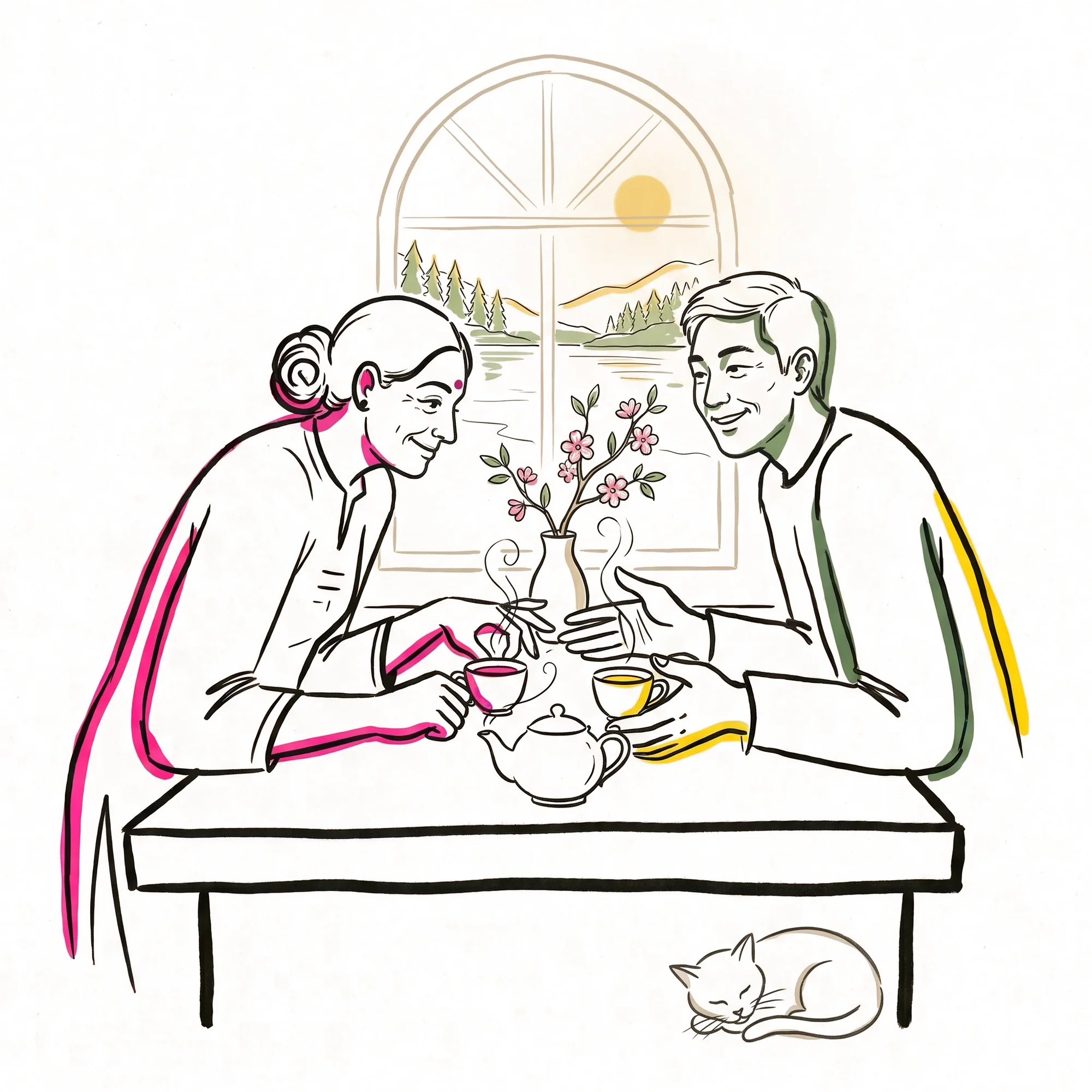 Two people sit across a small table with tea and blossom between them, a lake and hills through the window, a cat asleep below.