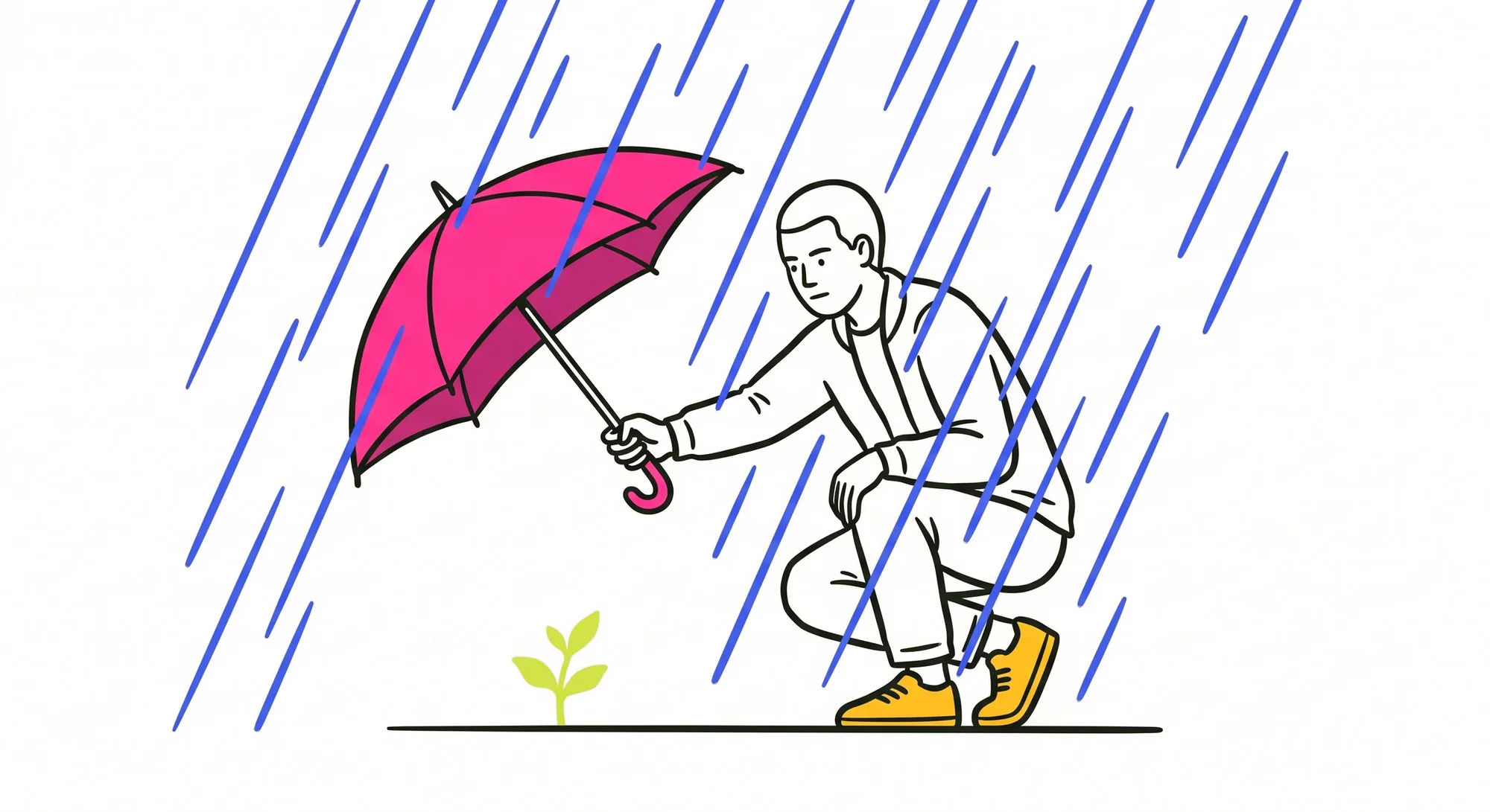 A person stands in heavy rain holding their umbrella out low, sheltering a single small plant instead of themselves.