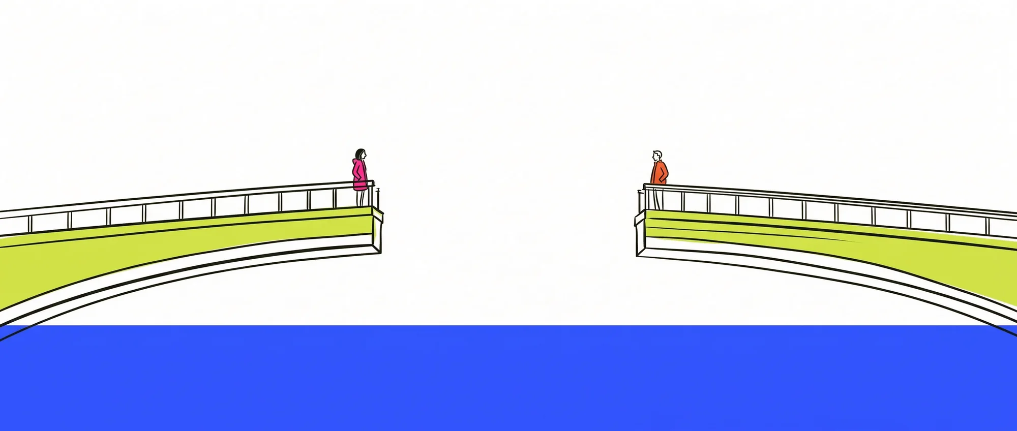Two halves of a bridge reach toward each other across water and do not meet, a person standing at each end.