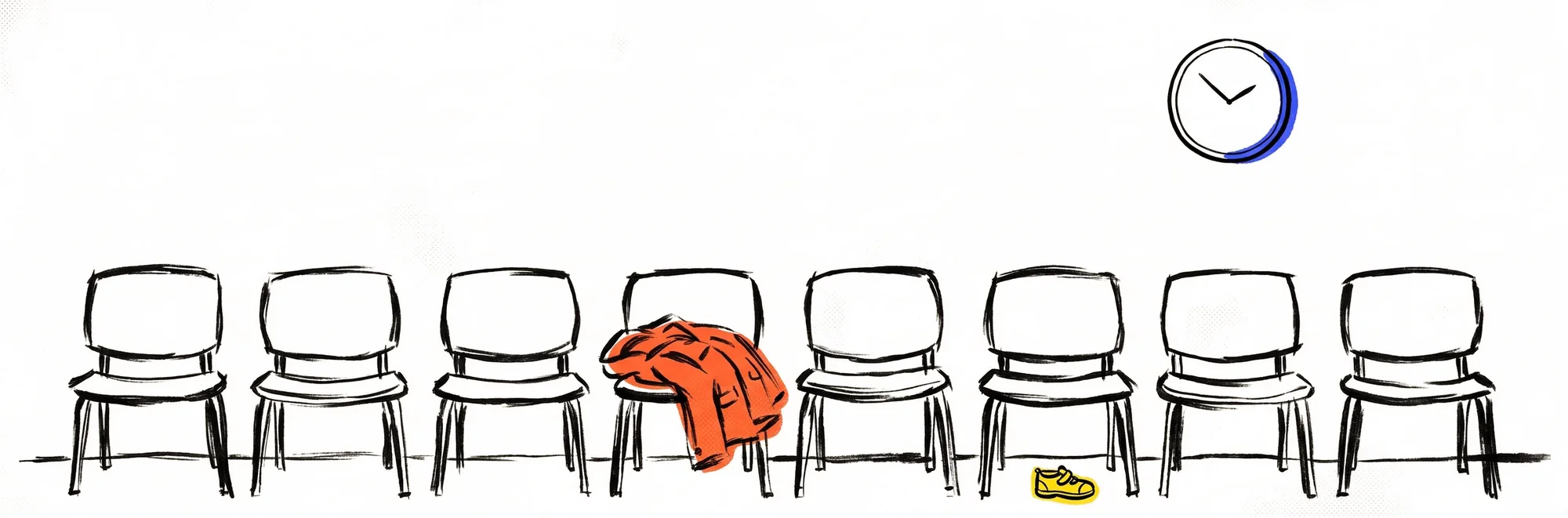 A long row of identical empty chairs with one orange coat left behind, a single shoe on the floor, and a clock on the wall.